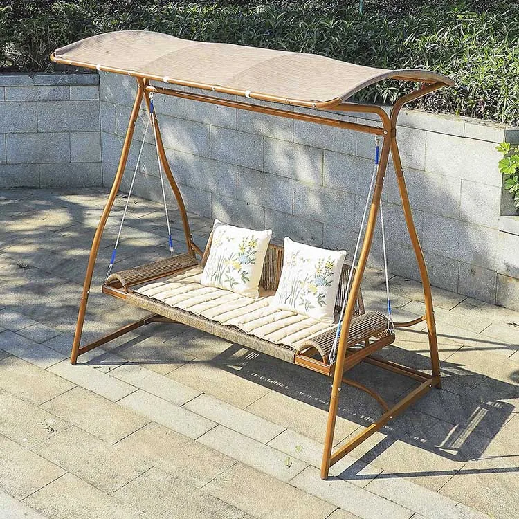 High Quality Modern 2 Seat Rattan Wicker Swing Chair Metal Frame Waterproof Cushion Outdoor Patio Garden Canopy Courtyard Park