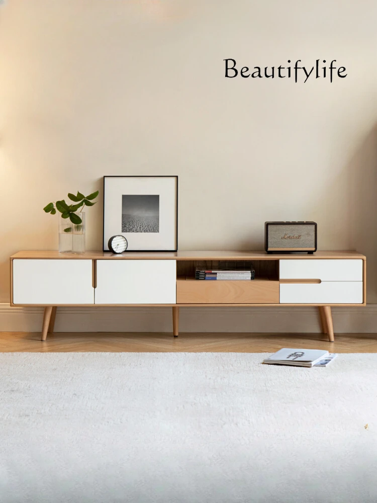 

Solid Wood TV Cabinet Modern Minimalist White Living Room Low Cabinet Small Apartment Home Beech Floor Cabinet