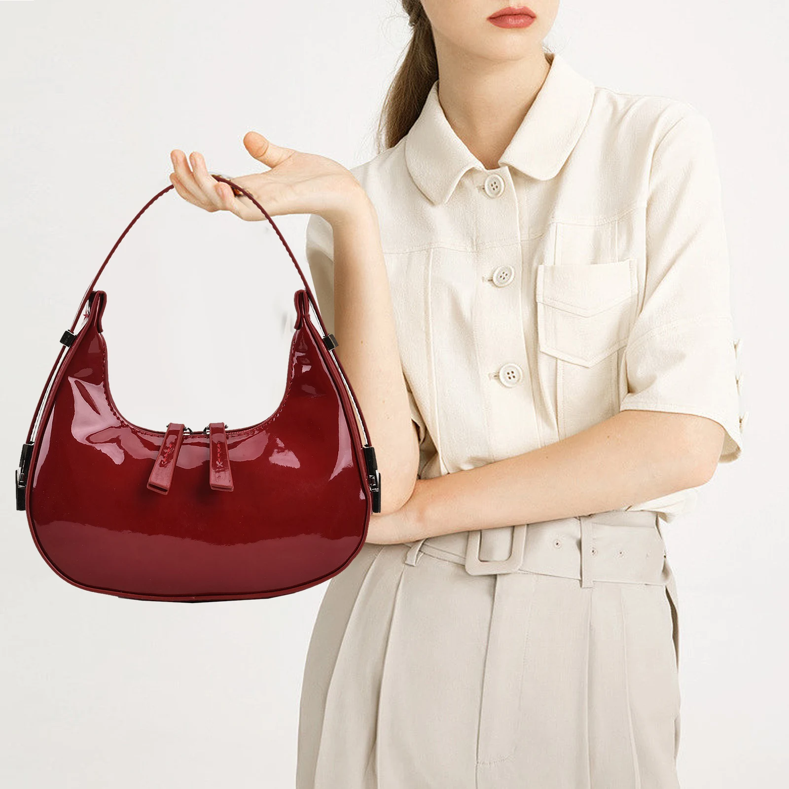 Vintage PU Leather Chic Armpit Purse Women High Quality Small Shoulder Bag French Wine Red Fashion Underarm Bag Designer Handbag