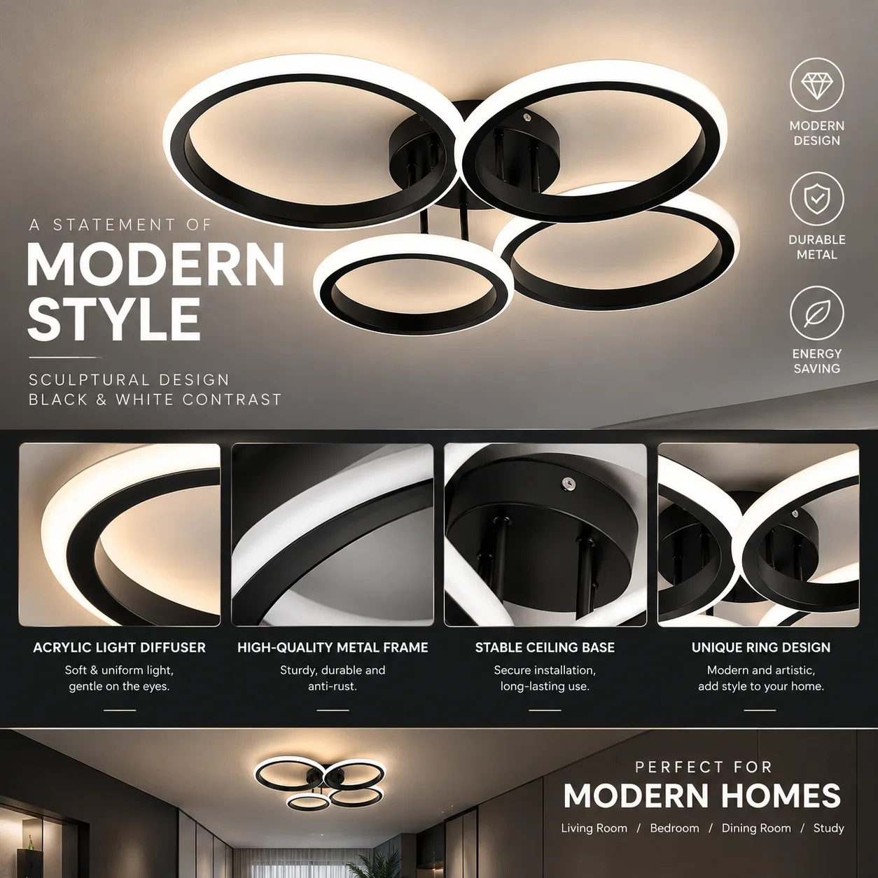 LED Flush Mount Ceiling Light, 3000K 4500K 6500K Modern Geometric Metal Ceiling Lamp for Bedroom Living Room Kitchen Dining Room