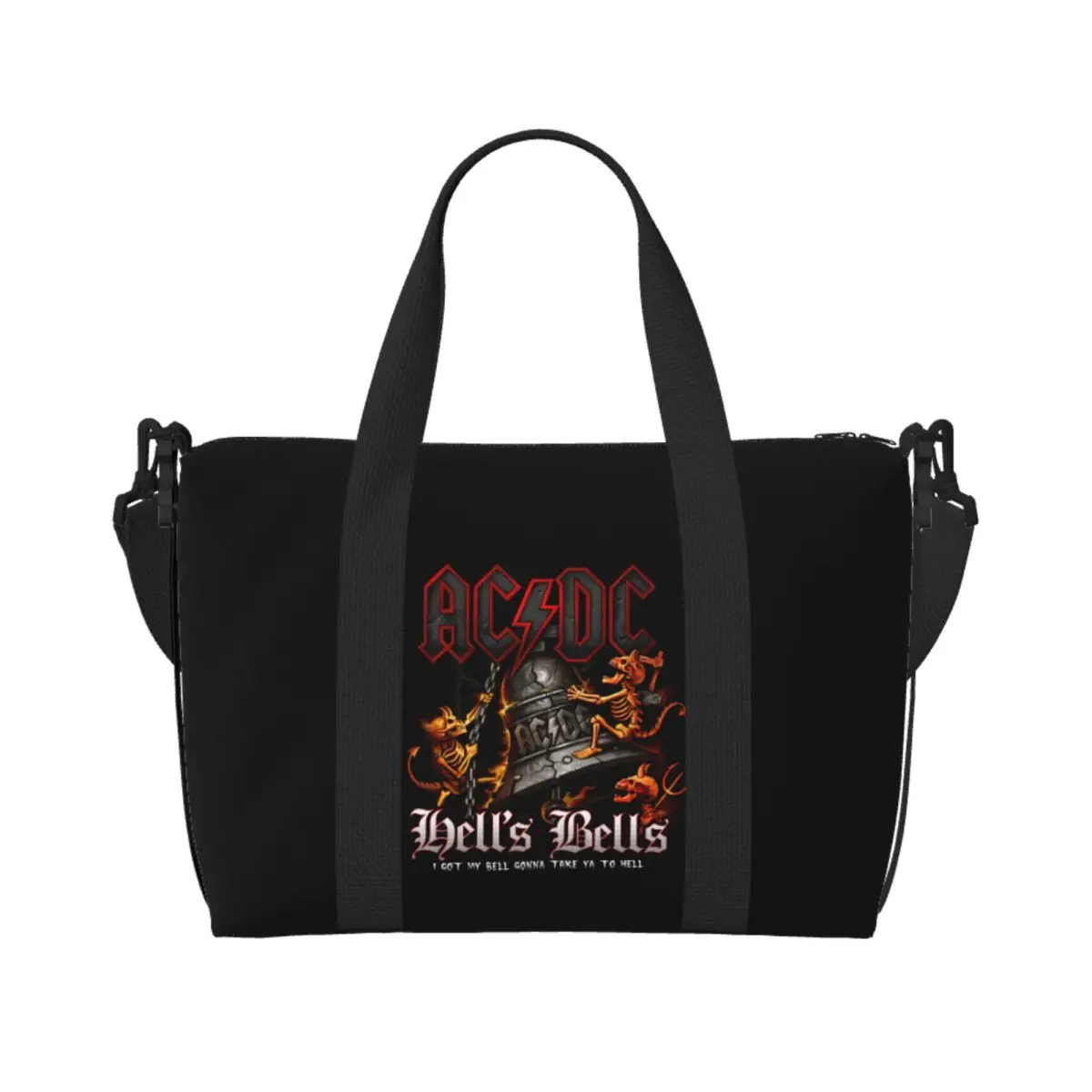 

Custom Hells Bells AC DC Beach Tote Bag for Women Extra Large Gym Carry On Vintage Rock Travel Shopping Bags
