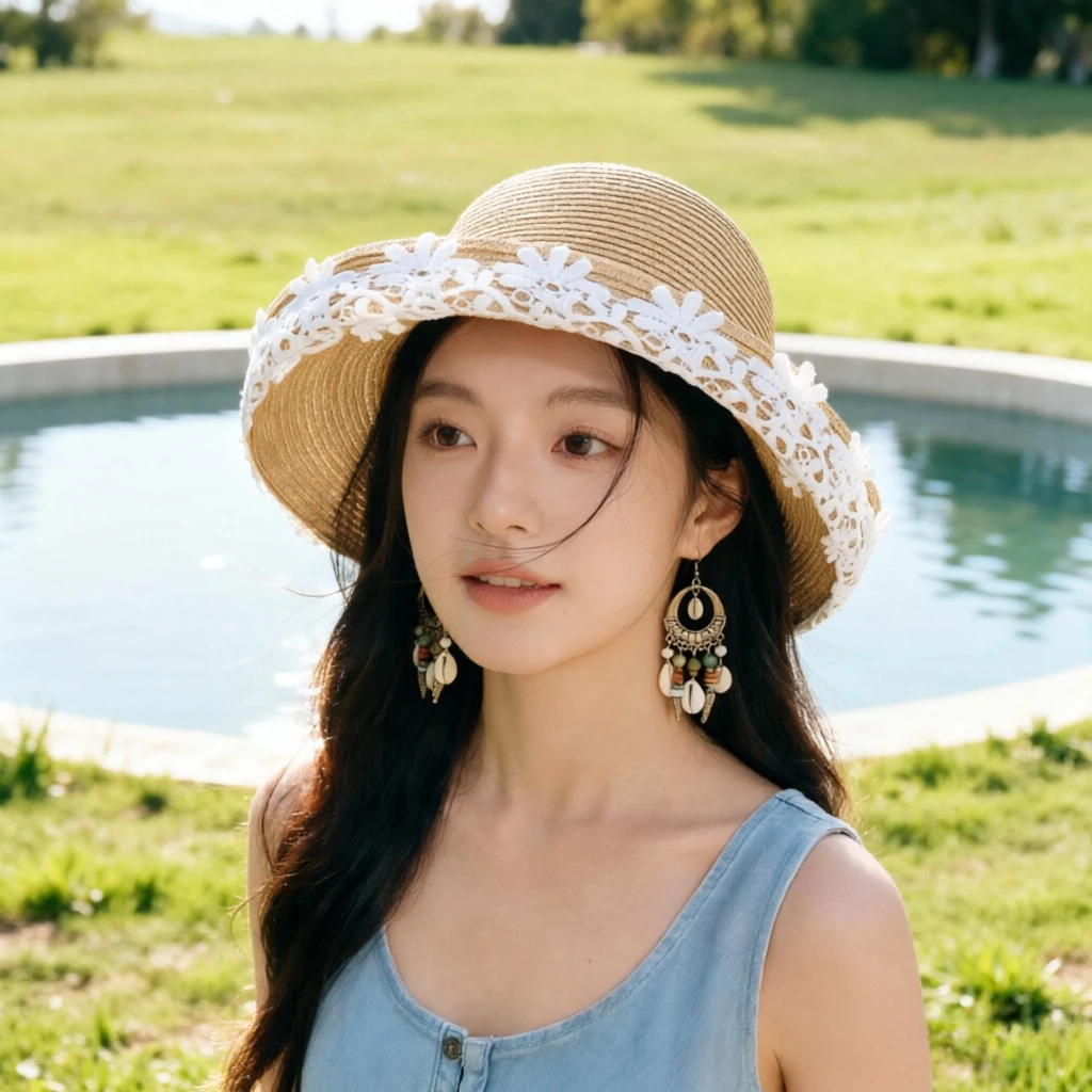 lace-straw-hat-women's-summer-countryside-style-round-top-small-brim-face-slimming-sun-hat-woven-vacation-hat-breathable