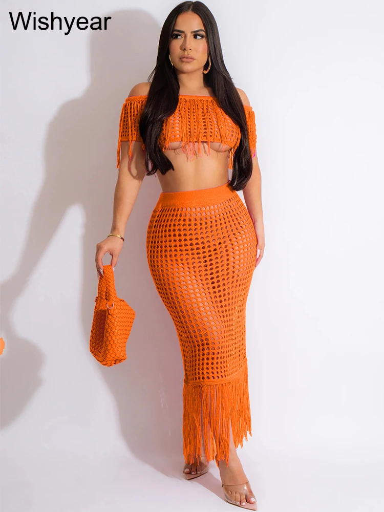 Sexy Solid Tassel Off Shoulder Crop Top and Long Skirt New In Two Piece Matching Dress Set For Women Summer Beach Party Clothes