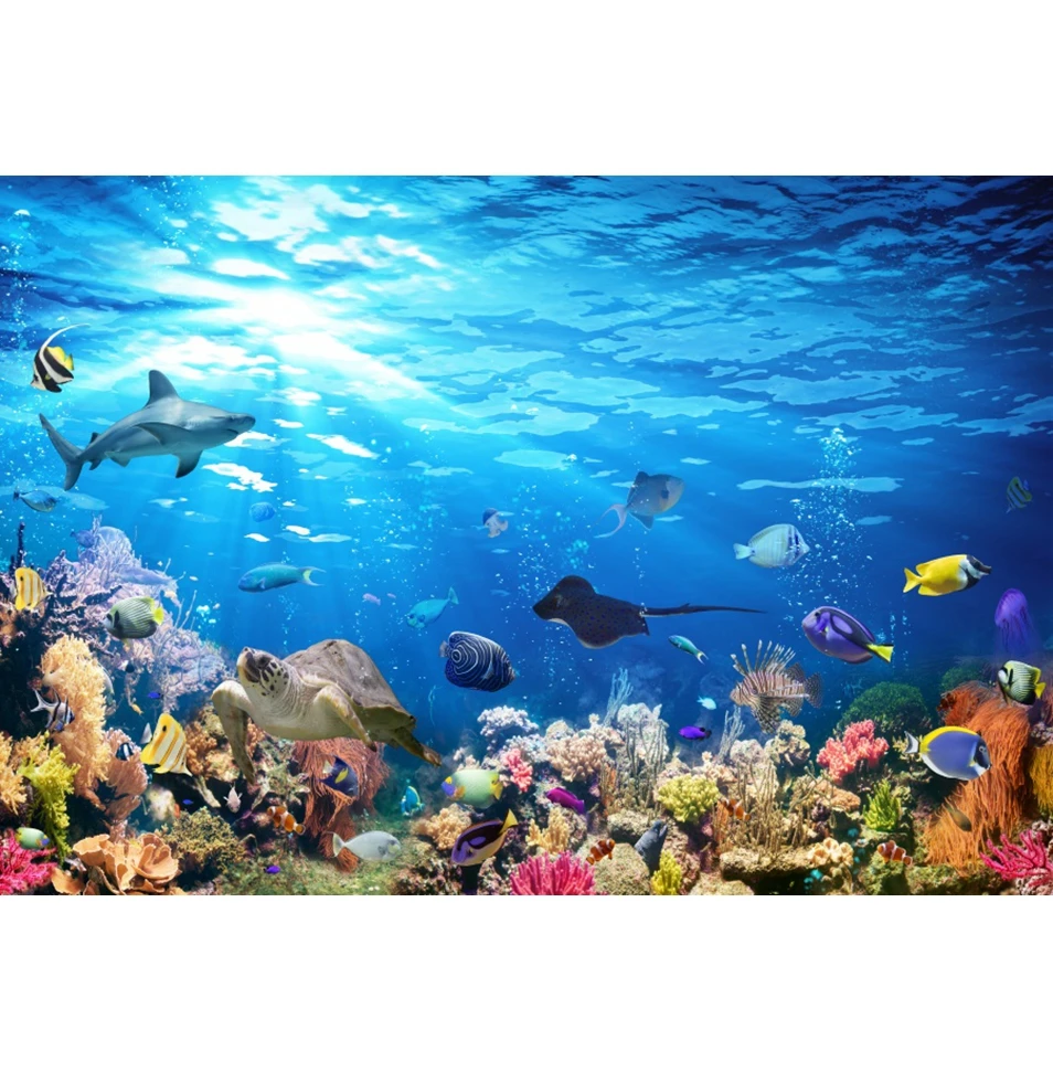 Underwater World Backdrop Seabed Fish Coral Dolphin Aquarium Tank Decor Baby Kids Birthday Party Photography Background Banner