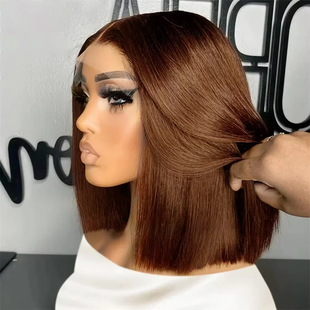 

Brown Bob Wigs 13x4 Lace Frontal Wigs Chocolate Color Brazilian Lace Frontal Human Hair Wig Pre Plucked Straight Bob Wigs 16Inch