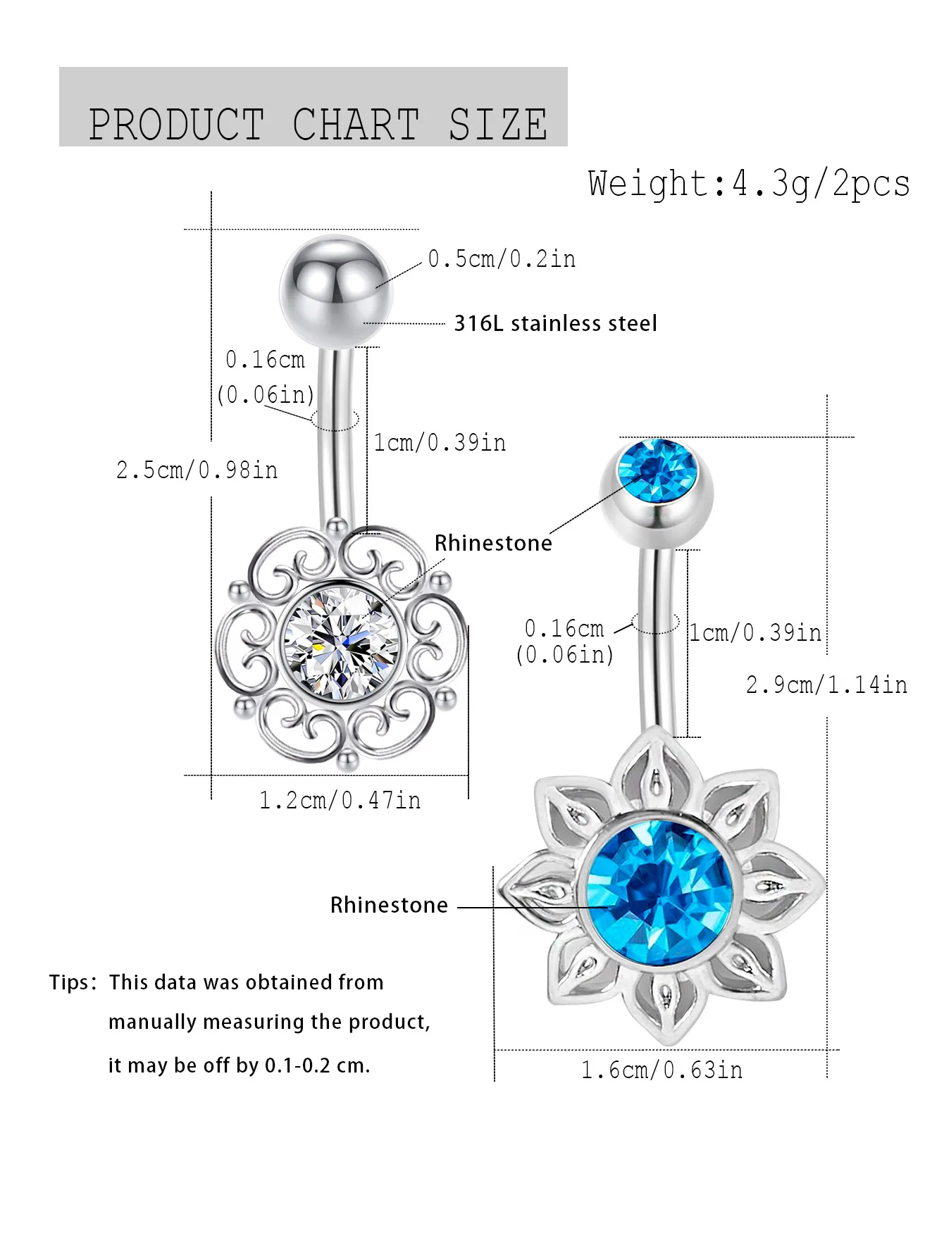 1 Pc Blue Crystal Sun Flower Navel Ring Stainless Steel Hollow Out Belly Button Ring Stud Tummy Umbilical Belly Piercing Women