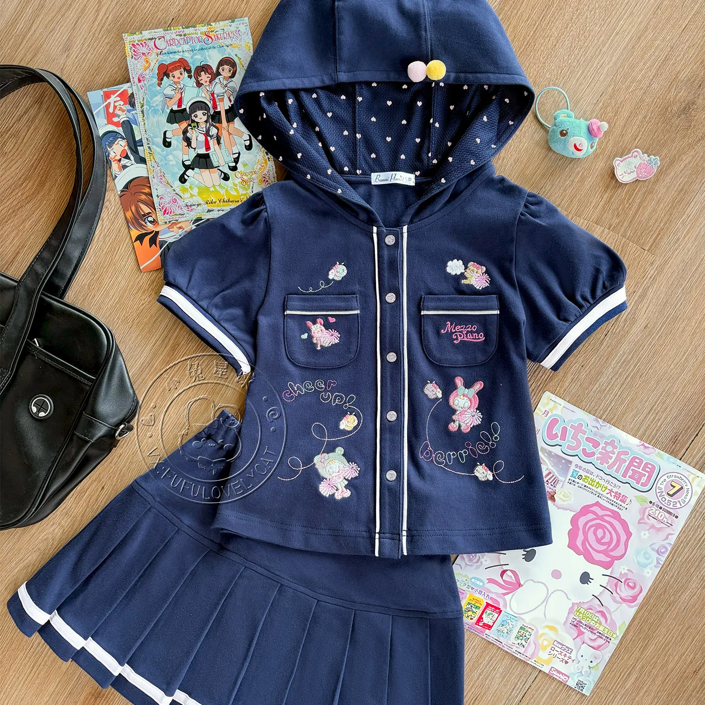 

Japanese Soft Girl Kawaii Blue Hooded Short Dress Summer New Girl's Cute Sweet Cartoon Embroidered Mini Skirt Top 2-Piece Set