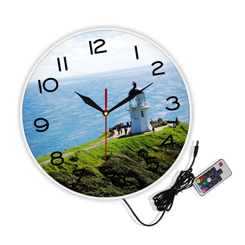كيب رينغا المناظر البحرية المنارة الجزيرة الشمالية التصميم الحديث ساعة حائط حافة شمالية من نيوزيلندا السفر ديكور المنزل ساعة فنية
