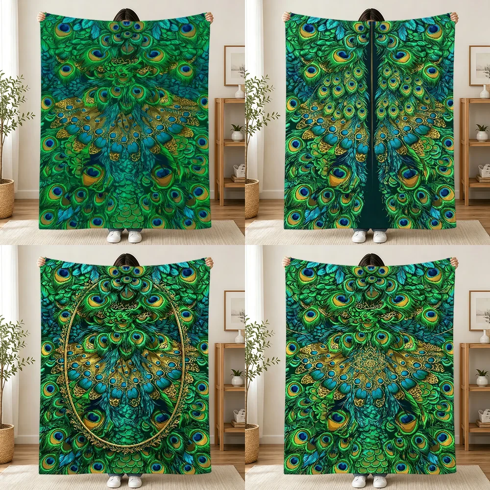 Vibrant Peacock Feather Print Throw Blanket Cozy Decorative Living Room Couch Accent Textile 150x230cm