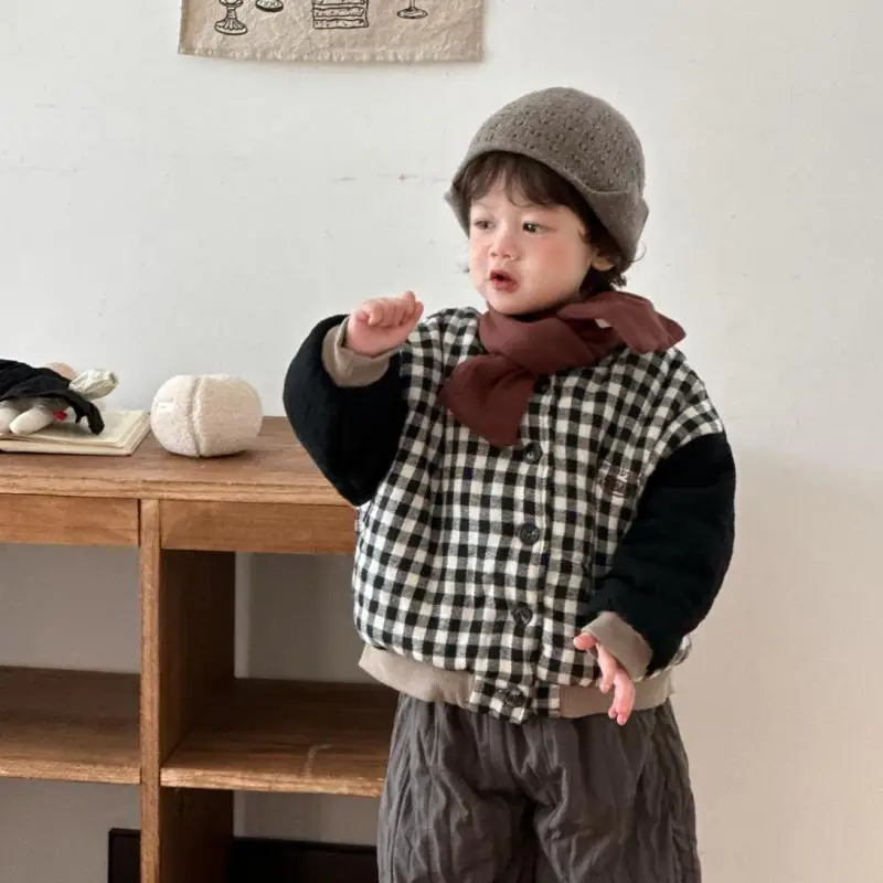 

2025 Winter New Baby Long Sleeve Plaid Coat Plus Velvet Thick Infant Girl Cotton Padded Jacket Toddler Boys Fleece Warm Cardigan