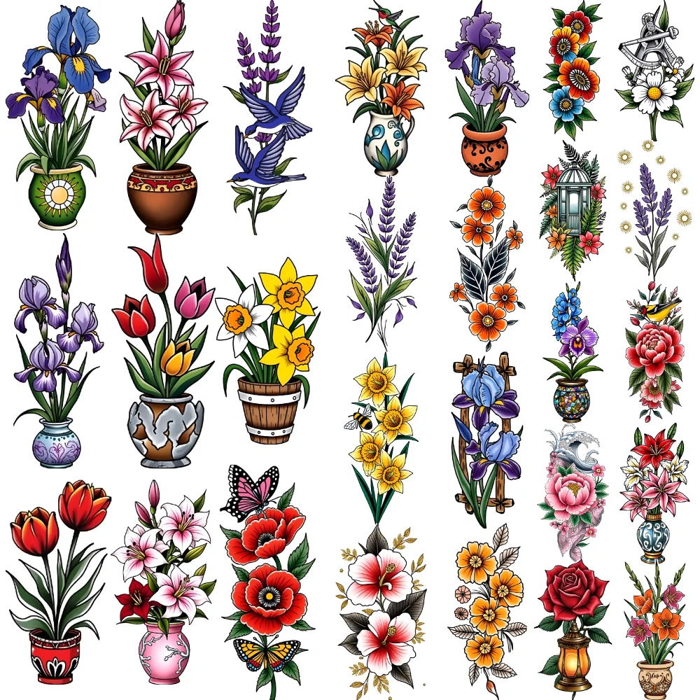 

28 шт., временные татуировки, временные татуировки, наклейки, цветочные композиции, вазы, лаванда для мужчин, плеч, женщин