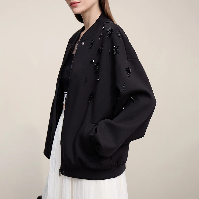 Amii Women's Spring Jacket with Beaded Flowers and Zipper