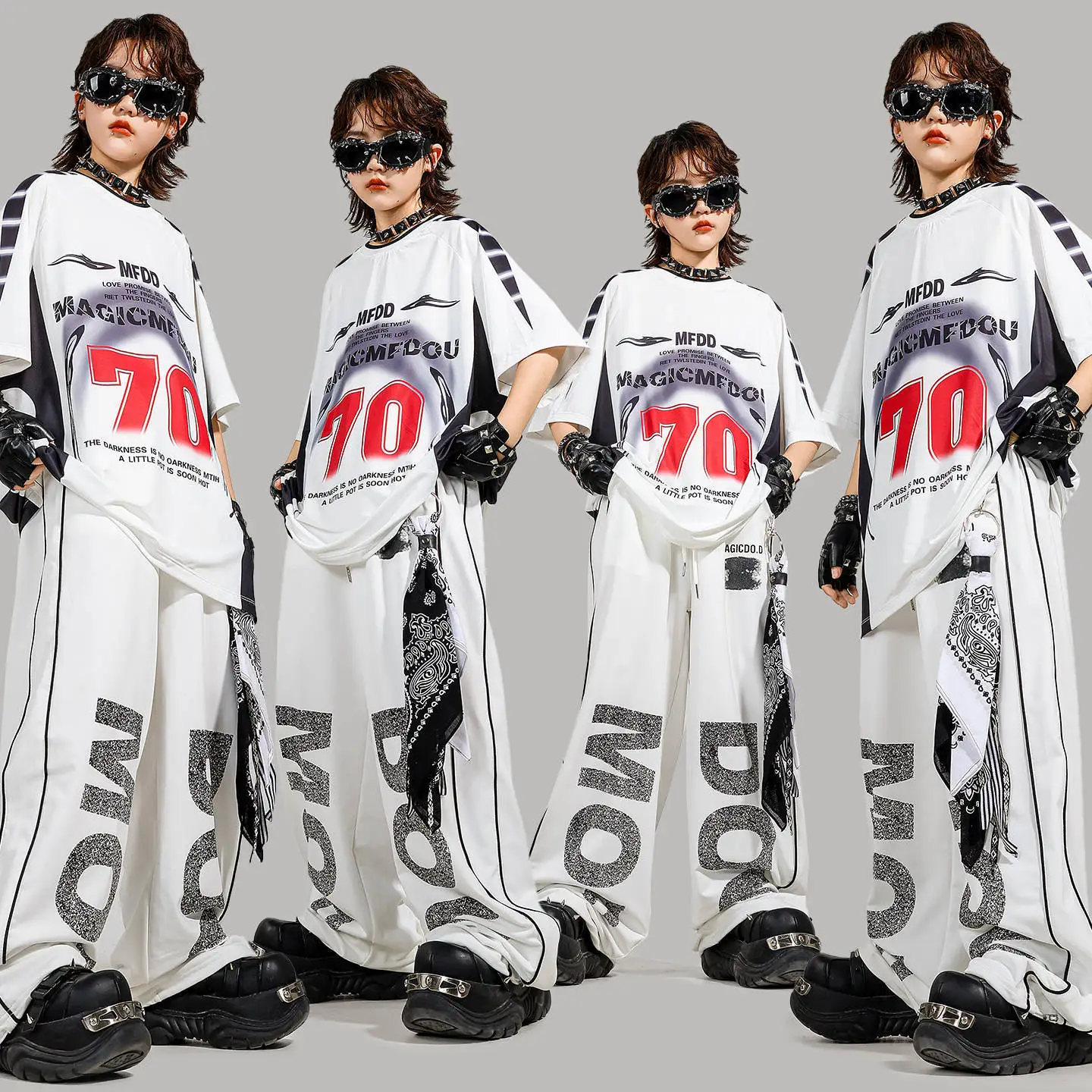 

Kid Kpop Hip Hop Clothing White Motorcycle T Shirt Top Casual Wide Letters Sweat Pants for Girl Boy Dance Wear Costume Clothes