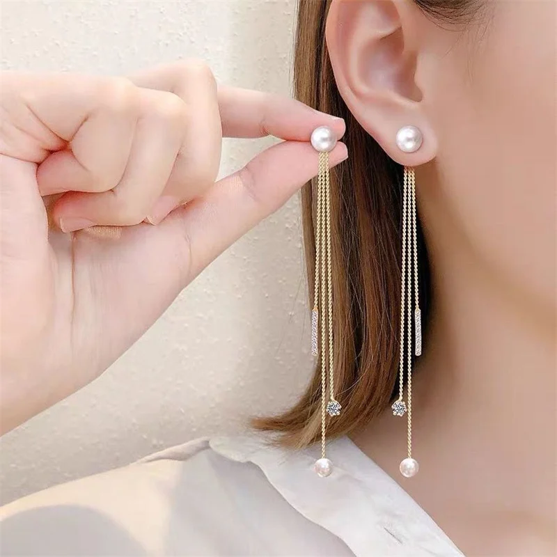 Fashion Pearl Tassel Drop Earrings For Women Trendy Long Chain Dangle Earrings Korean Jewelry Girls Party Gifts