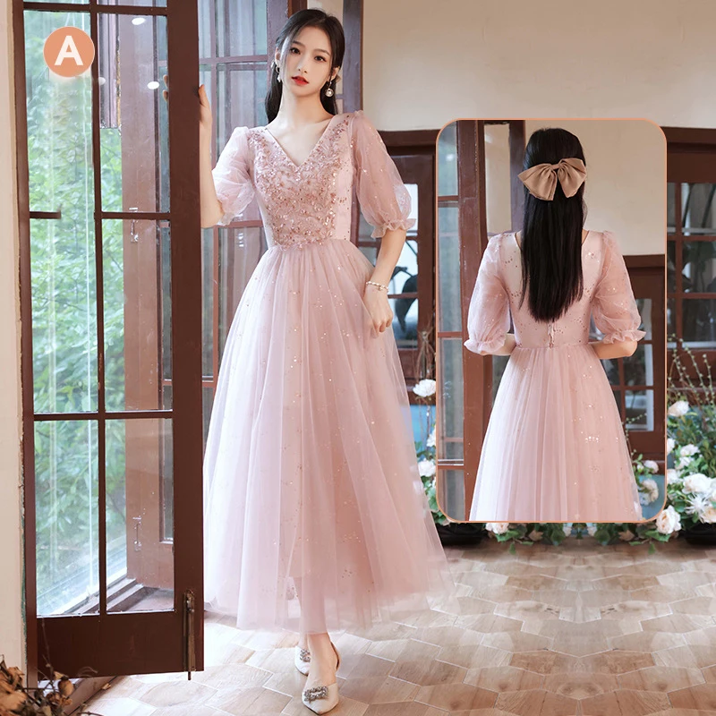 Pink Sequins Bridesmaid Dress Elegant Women Slim Lace-Up Long Wedding Party Dress Sister Group Organza Bnaquet Vestidos