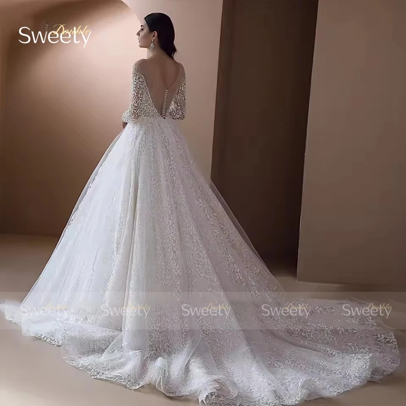 Abito da sposa elegante con perline in organza con ricamo Abito da ballo a trapezio O-Collo Abito da sposa a maniche lunghe Vestido De Novia personalizzato ﻿