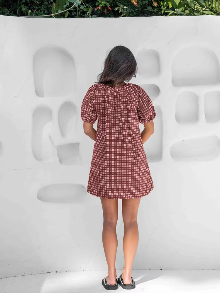 Mini robe à carreaux à lacets pour femmes, Chic, col rond, manches courtes, ample, courte, ligne a, pour les déplacements quotidiens, la rue
