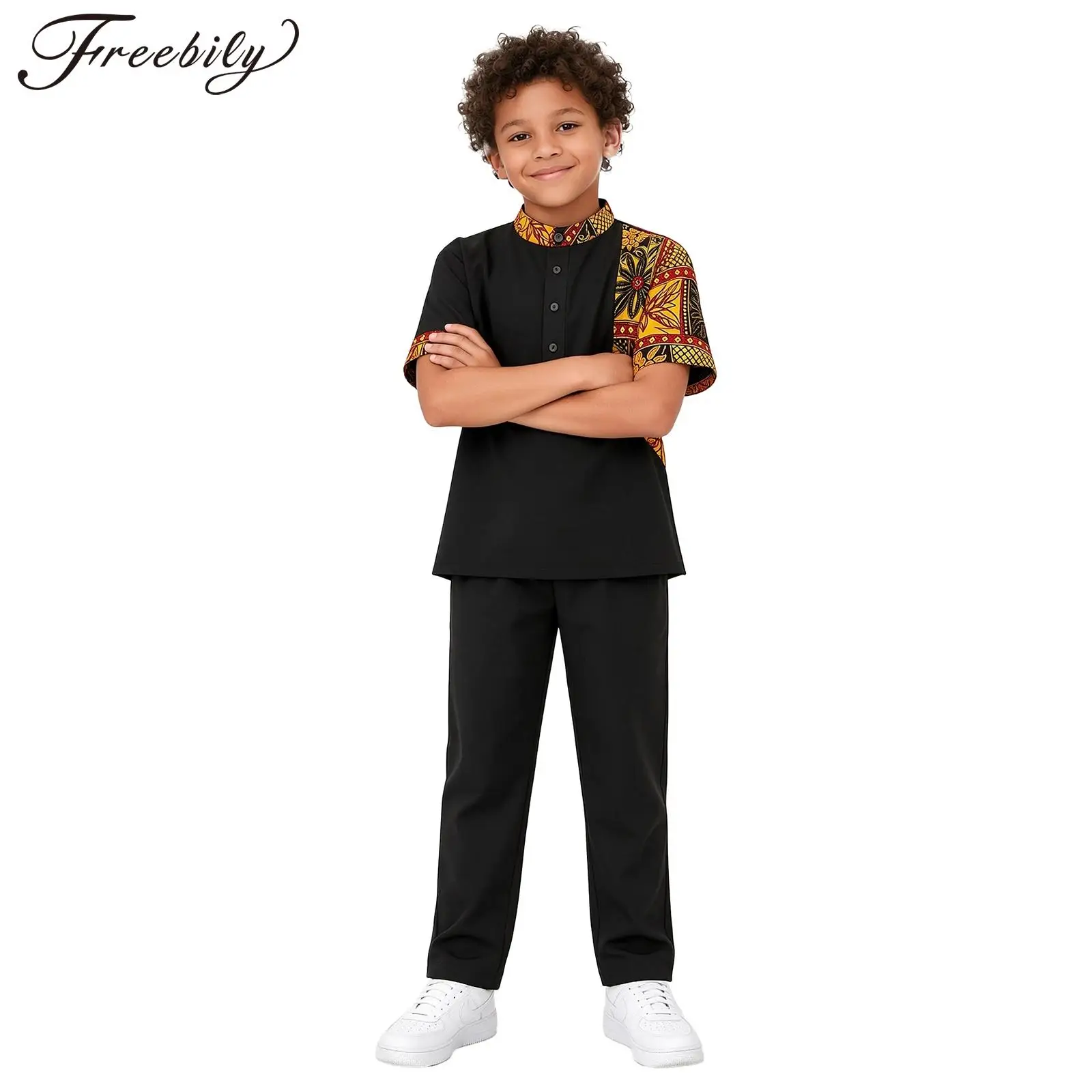 Child Africa Traditional Clothing Kids Boys African Outfit Short Sleeve Button-up Color-blocked Printed Dashiki Top with Pants