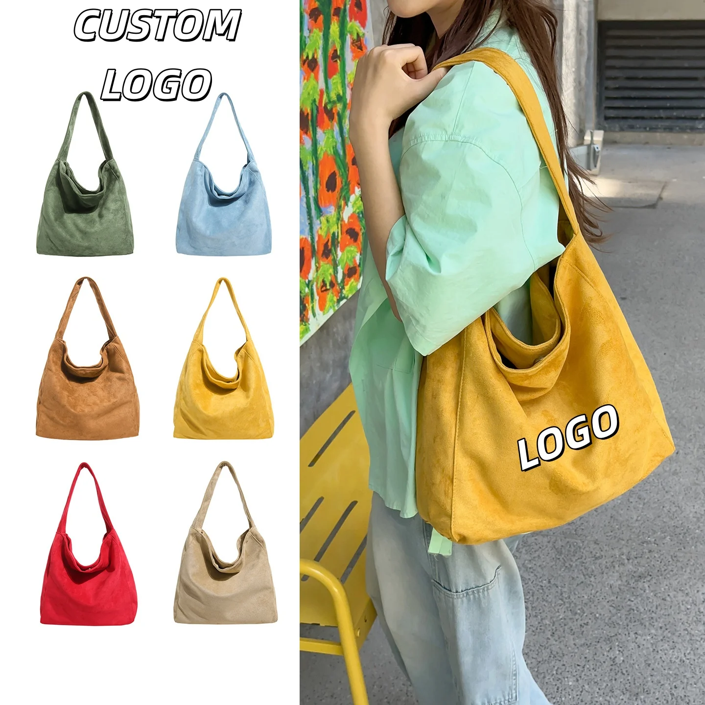 Custom Logo Women Suede Hobo Tote Bag Ruched Soft Large Capacity Shoulder Handbag Multi‑Color Casual Daily Shopping Travel Bag