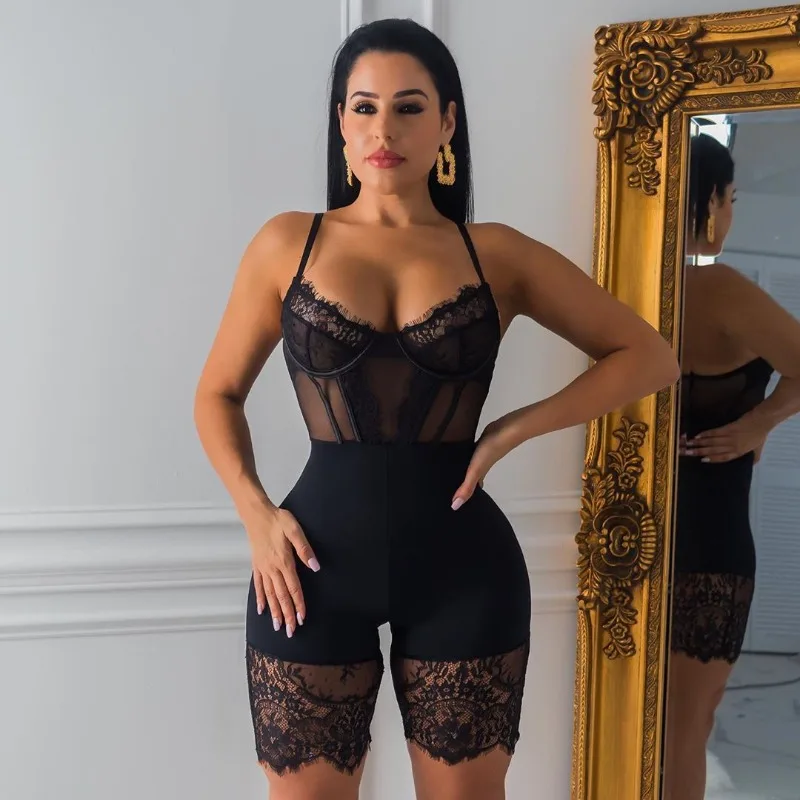 KEXU  Lace Patchwork Sexy Spaghetti Strap Short Jumpsuits Women Off Shoulder Sleeveless Elegant Bodycon Bandage Party Playsuits