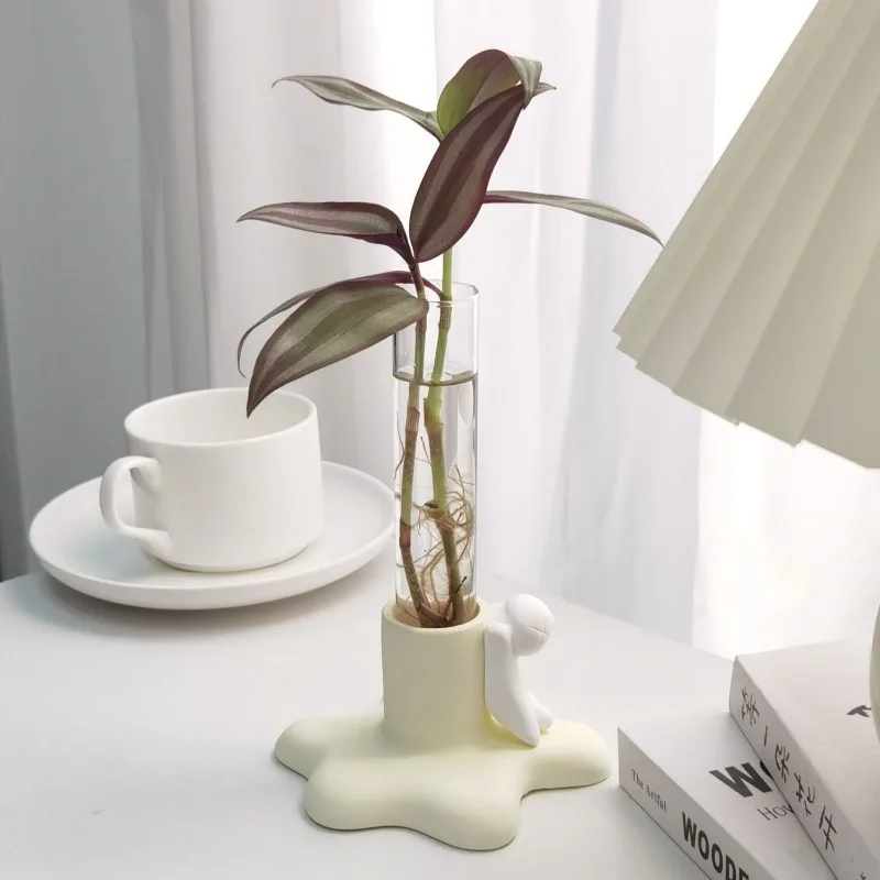 Cat Hydroponic Glass Tube Vase, Gypsum Cat Desktop Green Plant Decoration, Test Tube Vase Combination for Home Decoration