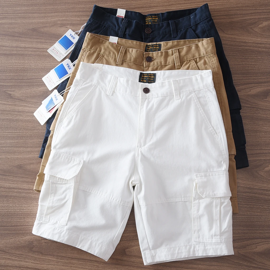 2025 verão novo americano retro tecido multi-bolso carga shorts masculino amekaji 100% algodão lavado casual calças retas de 5 pontos