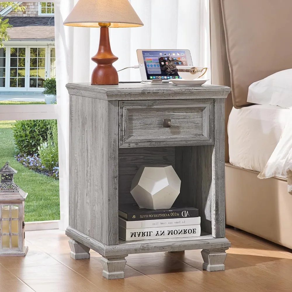 

Farmhouse Side Table with Charging Station, Rustic Wood End Table with Drawer, Small Nightstand with Open Shelf, Customized
