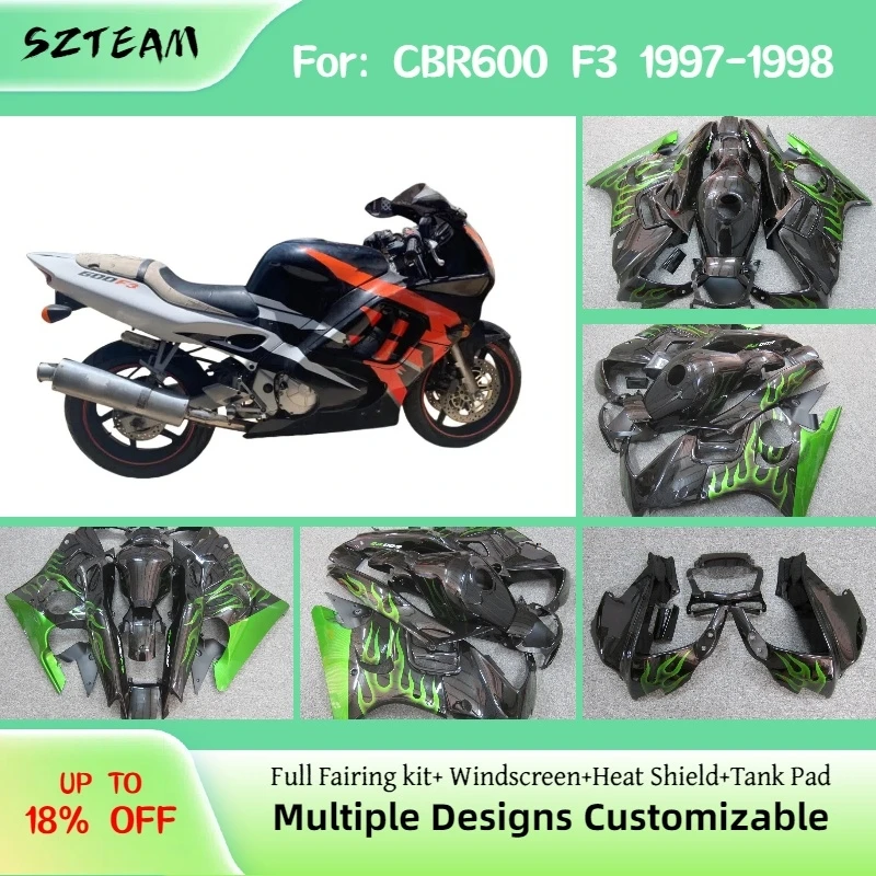 

Fairings Motorcycle CBR600F3 1997 1998 Green Flame Free Custom ABS Plastic Aftermarket Fairing Kit for Honda CBR600 F3 97 98