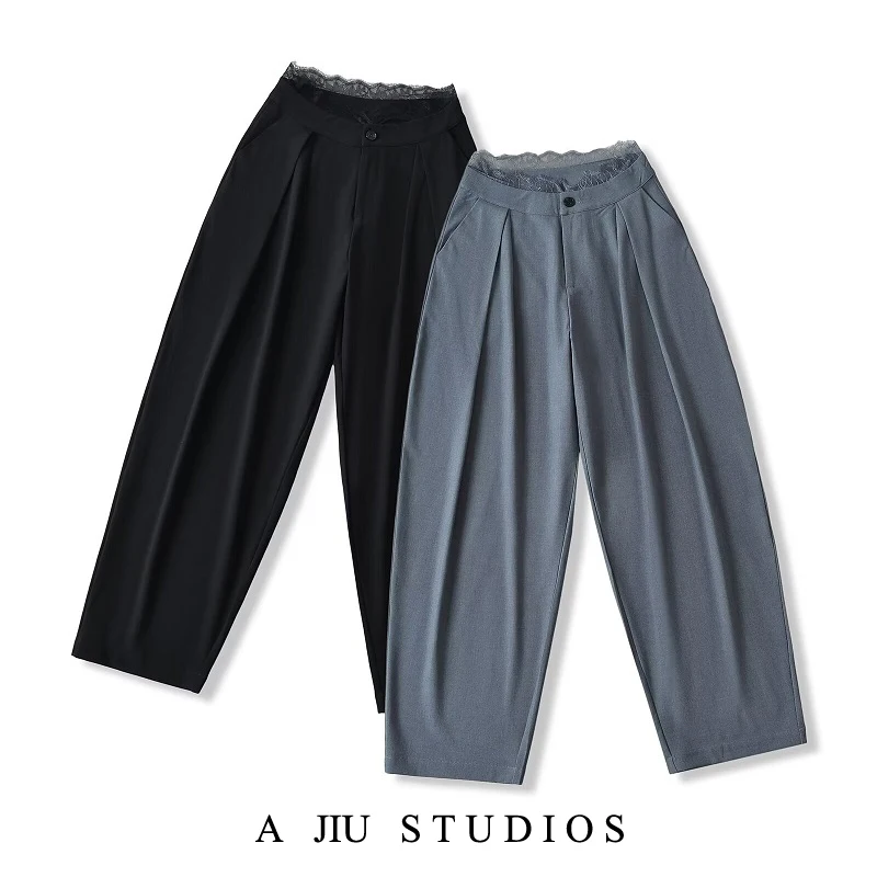 High Waist Loose Fit Lace Detailing Casual Straight Leg Trousers Women's Spring Autumn Wide Leg Floor Length Pants