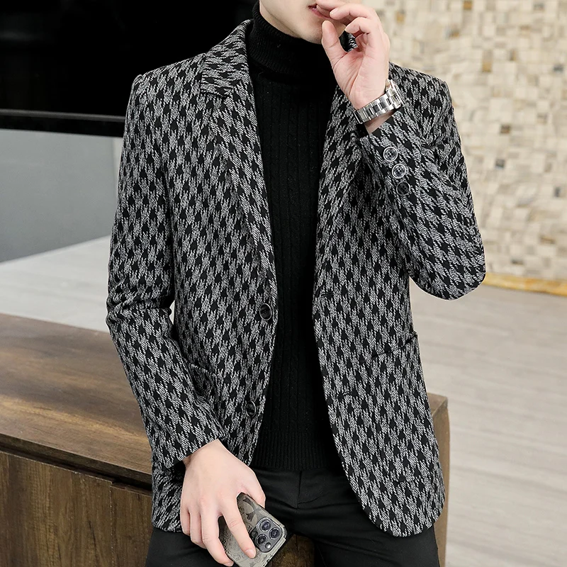 

Woolen small suit men's slim fit plaid handsome high-quality single suit youth casual versatile top 5947