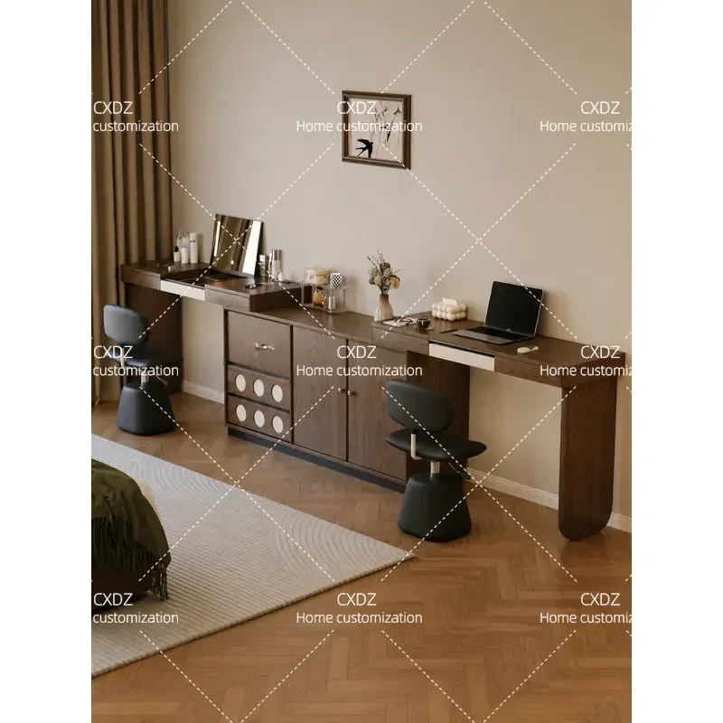 Retro Dressing Table with Hidden Mirror and Chest Double Desk Bookcase Makeup Vanity Integrated Storage Unit for Bedroom