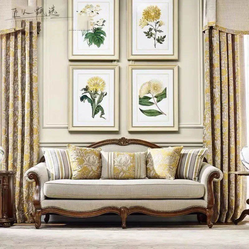 American neoclassical new Victoria sofa, three-person sofa, solid wood carving flower fabric double single sofa