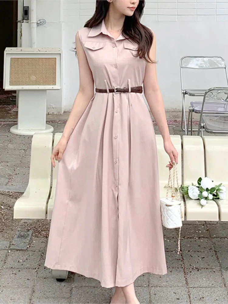 Sommer ärmellose Westen Kleid Frauen Ruf plissiert koreanischen Stil lose Damen kleider Mode elegante Frau langes Hemd Kleid