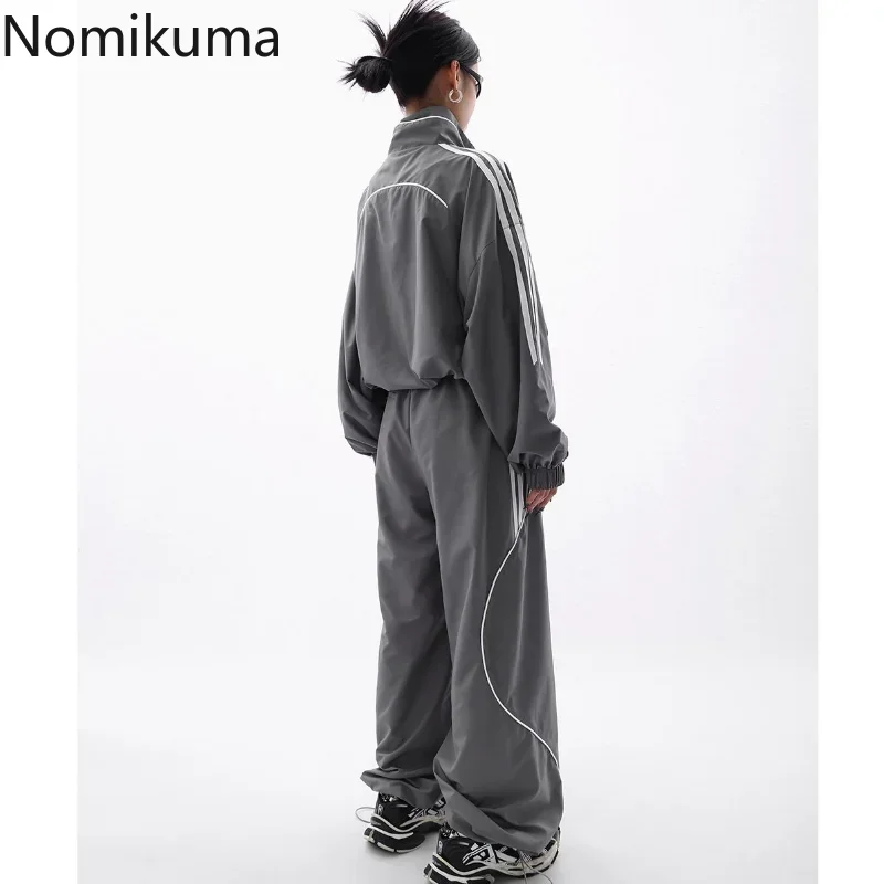 Nomikuma Stand Neck Long Sleeve High Waist Drawstring Jacket + Wide Leg Contrast Pants Female Harajuku Street Two Piece Sets