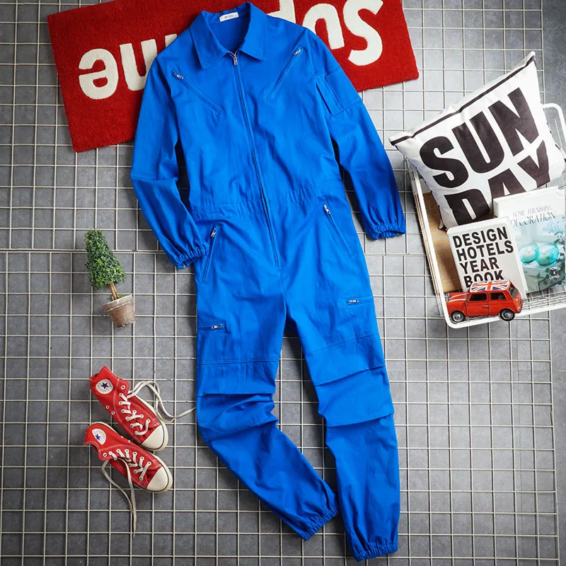 

Hip Hop Blue Work Pants Jumpsuit Retro Japanese Style Men's Cuffed Long Pants Individual Trendy Set Casual Loose Fit Youth