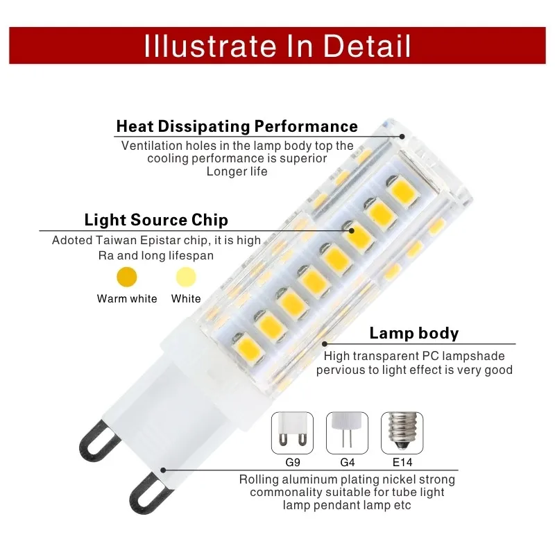 가장 밝은 G9 G4 E14 LED 램프 10 개, AC220V 5W 7W 9W 12W 세라믹 SMD2835 LED 전구 따뜻한/차가운 백색 스포트라이트 할로겐 조명 교체