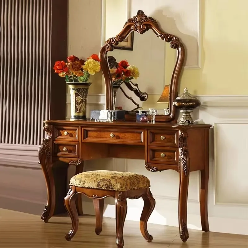 Full Set Aesthetic Vanity Table Wood Large Brown Luxury Organizer Dresser Bedroom Drawers Beauty Tavolo Da Trucco Home Furniture