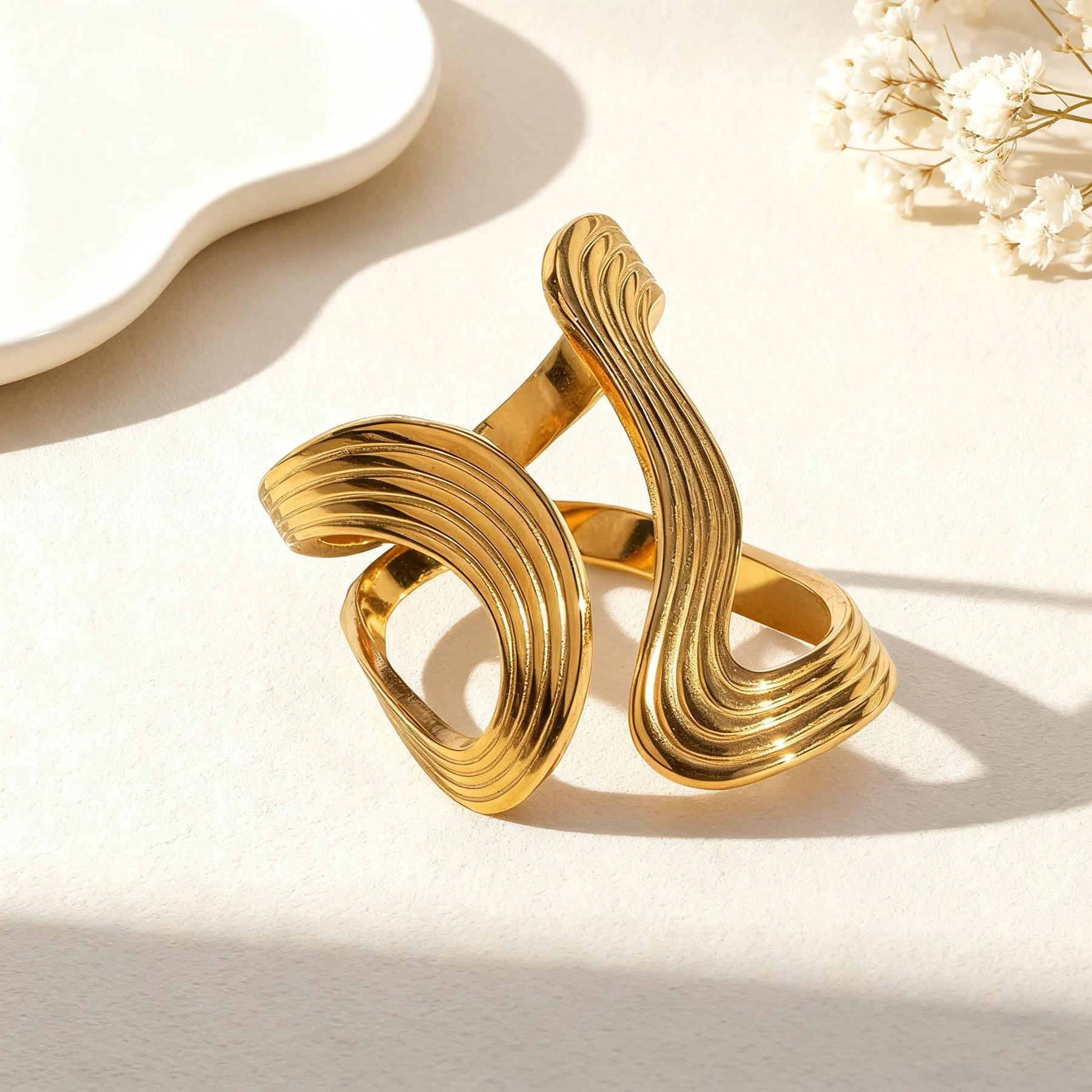 Stainless Steel Open Rings For Women Irregular Wave Hollow Design Finger Ring Stylish Creative Waterproof Jewelry Party Gifts