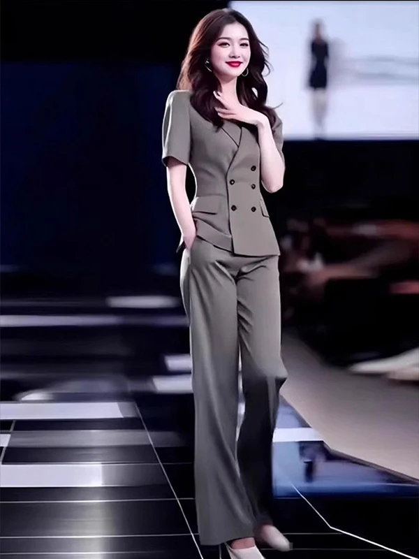 ชุดสูทแฟชั่นสำหรับผู้หญิง ชุดทำงานฤดูร้อนใหม่ เสื้อครอปแขนสั้น กางเกงขายาวทรงตรง ชุดเซ็ตสองชิ้น