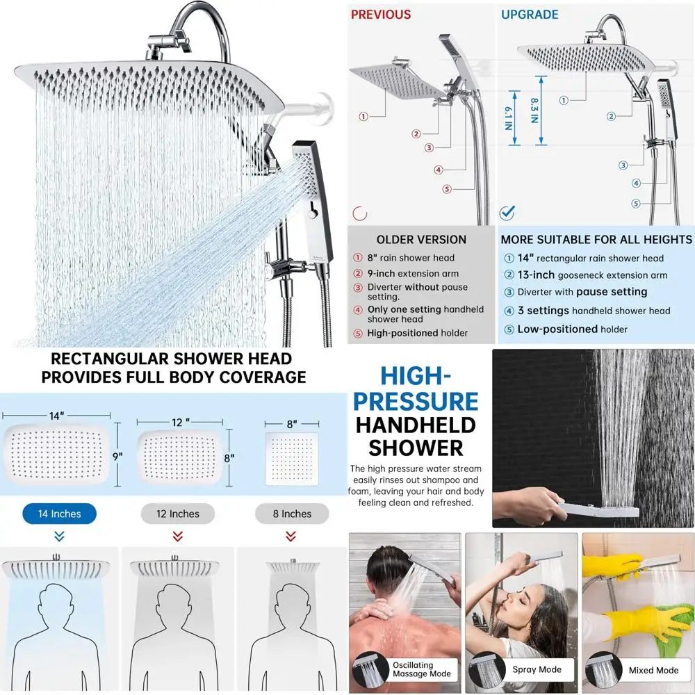 

Цельнометаллическая 14-дюймовая душевая насадка с режимами массажа и дождя, 3-позиционный переключатель в комплекте