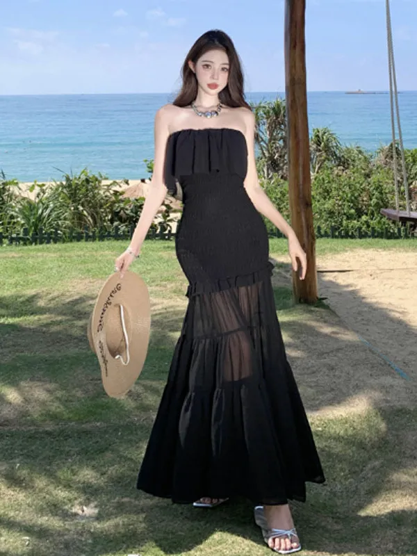 

Sexy Sister Style off Shoulder Ruffle Hem Backless Tube Top Dress Summer High Waist Lace up Dress City Commute Beach Casual