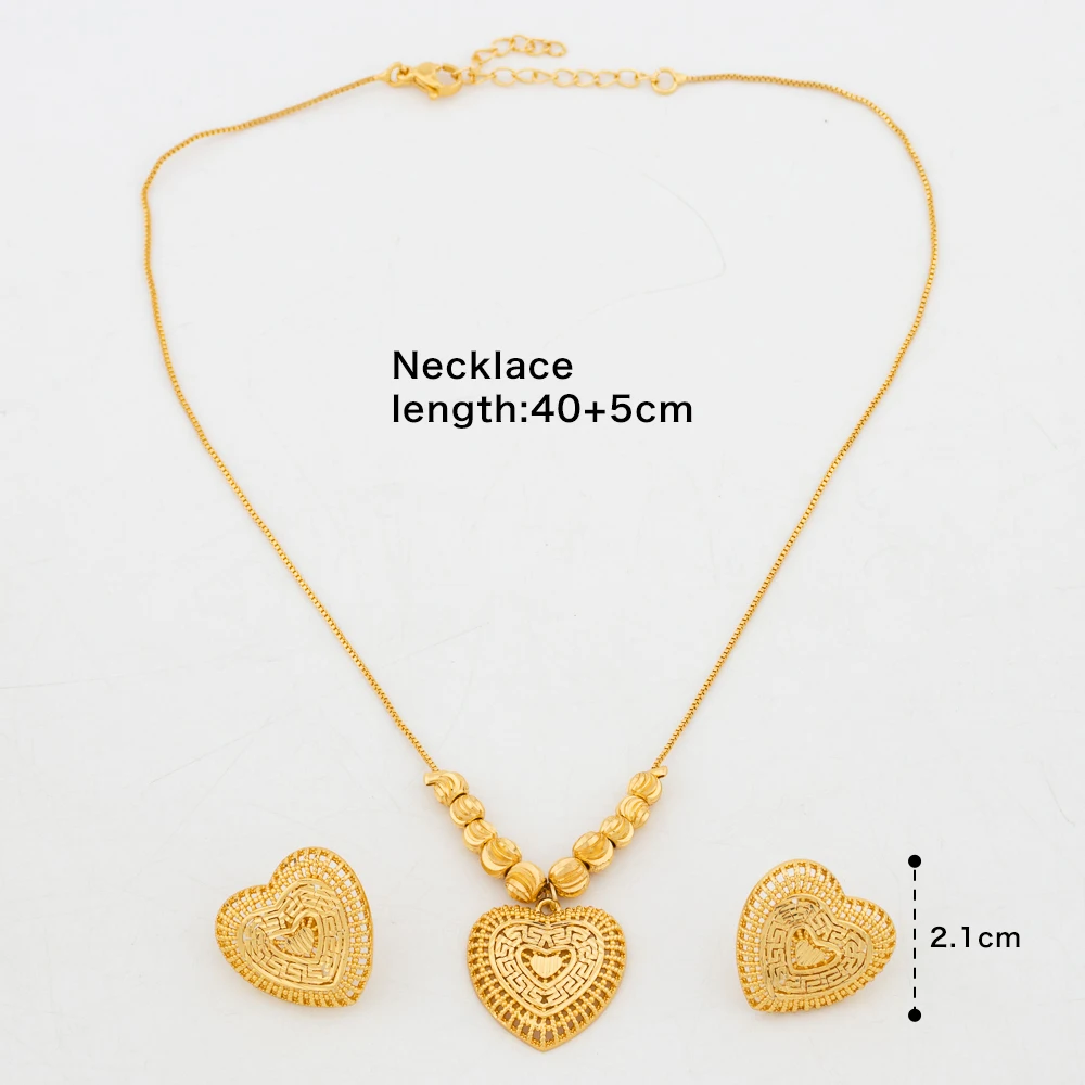 Gold Color Fashion Earrings Necklace Set for Women Minimalist Creative Heart Pendant Chain Italy Boho Lady Elegant Jewelry Set