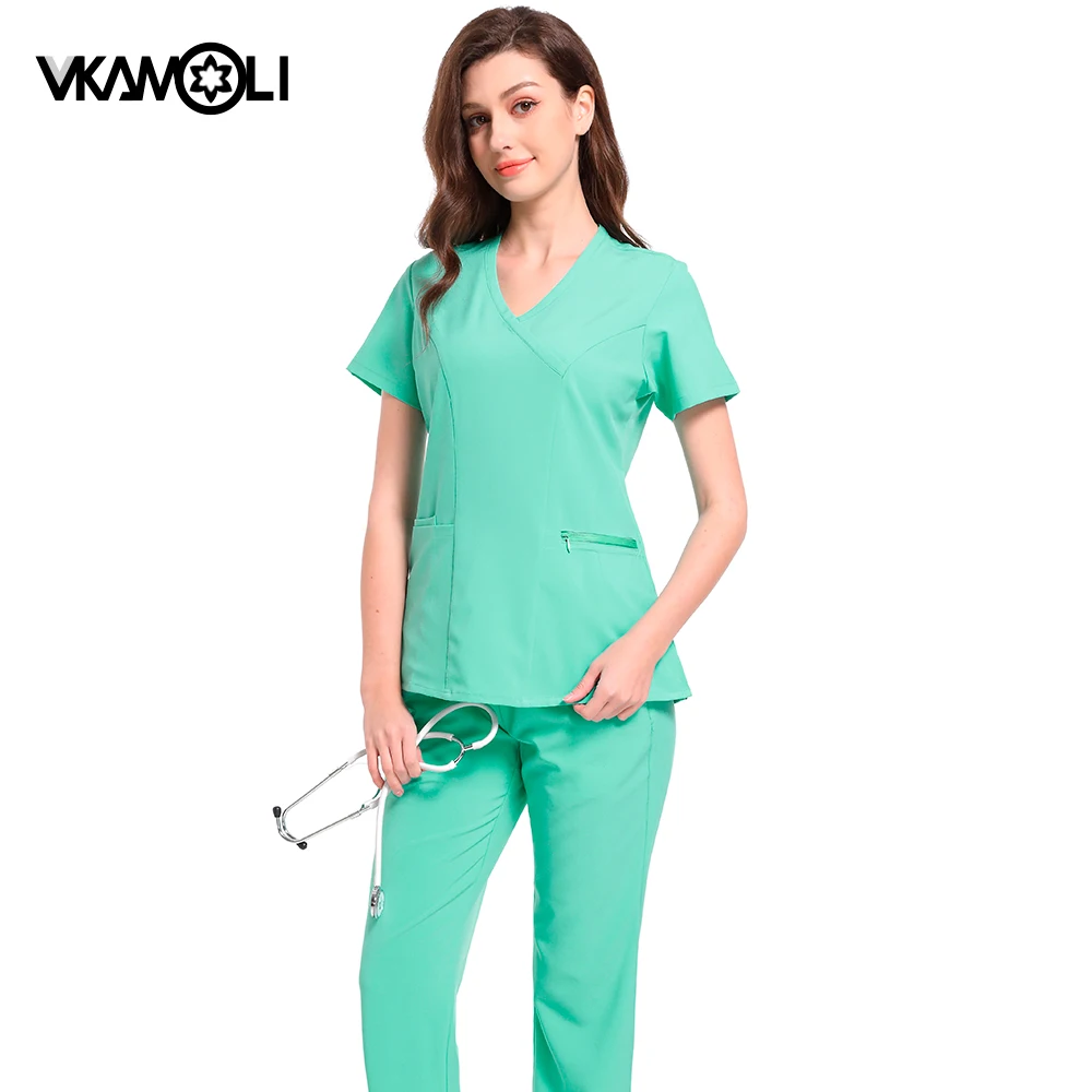 Tecido Elástico de Secagem Rápida das Mulheres Scrubs Top e Pant Set, Roupas Médicas, Uniformes Cirúrgicos Mulher, Salão de Beleza Roupas de Trabalho