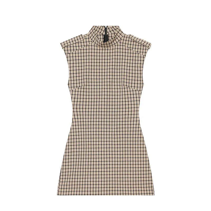 European And American Stand-up Collar Sleeveless Plaid Short Jumpsuit Slim Romper