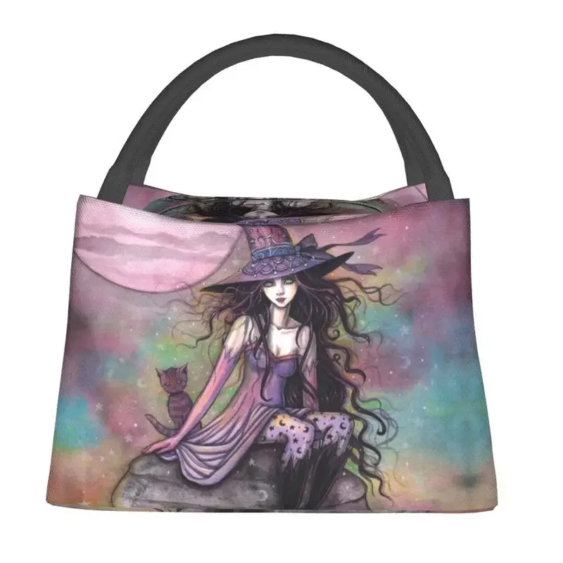 Witch Cat Fantasy Art Insulated Lunch Tote Bag for Women Halloween Cooler Thermal Food Lunch Box Hospital Office