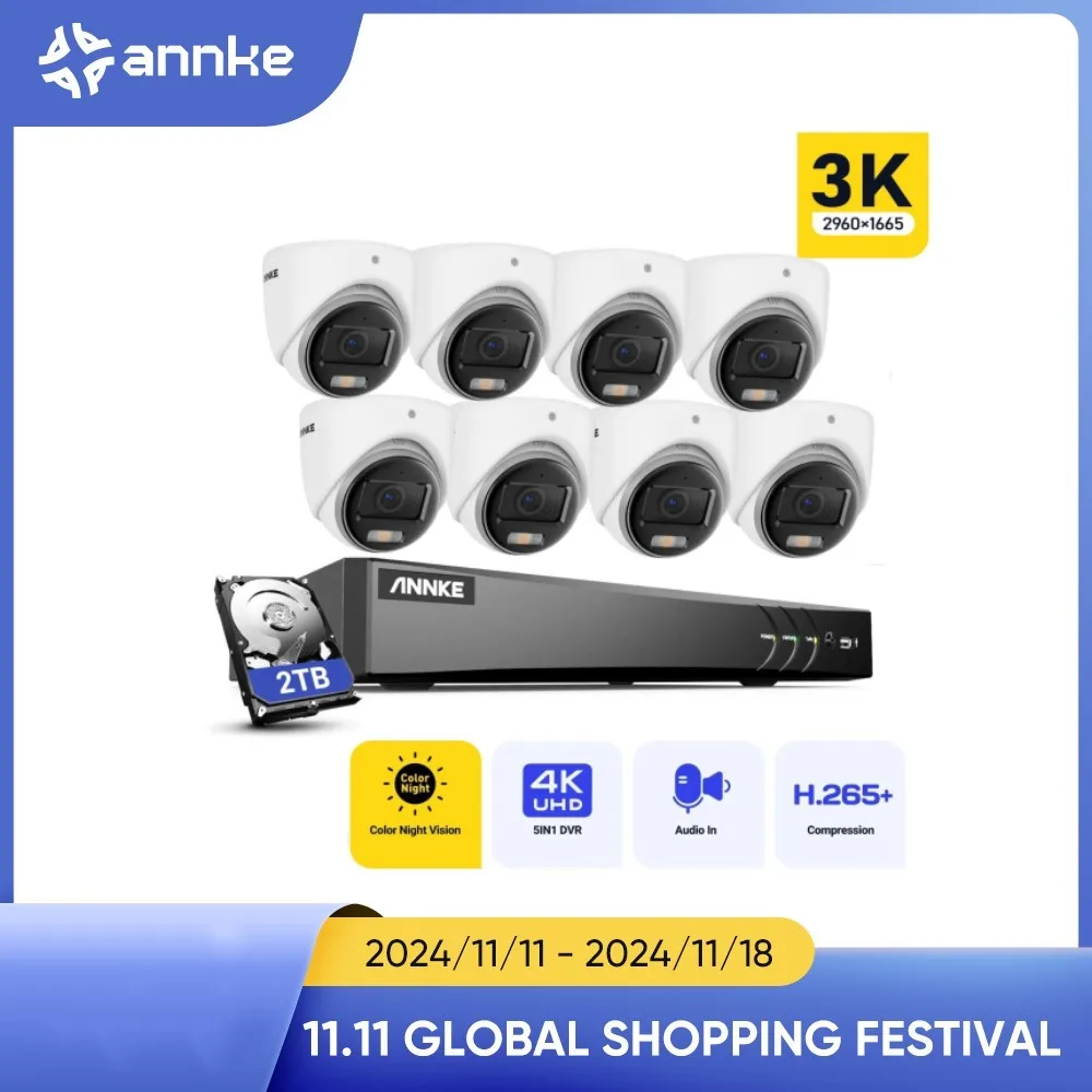 ANNKE 8CH 5MP DVR Security Surveillance Kits 4/8Pcs 5MP Outdoor Cameras IP67 Weatherproof Color Night Vision Camera System Alarm