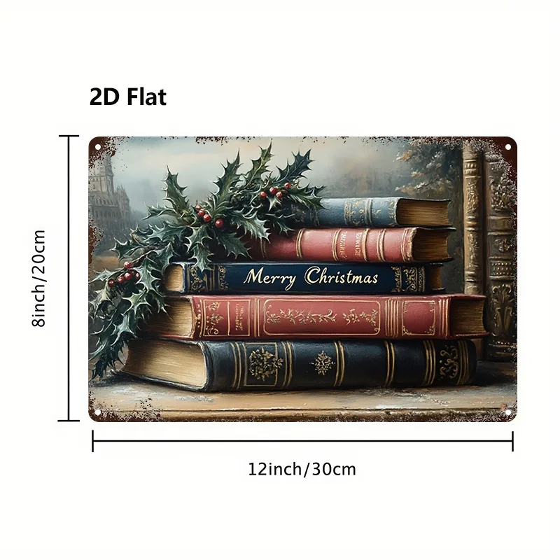 2D Flat, 1pc, Metal Sign, Christmas-Themed Retro Book And Holly Leaf Combination Tin Painting Decoration, Suitable for Home, Far