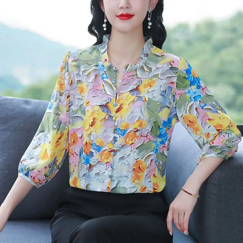 Women\'s 2024 Summer New Pullover O-Neck Patchwork Button Printing Fashion Slim Minimalist Casual 3/4 Sleeve Blouses Shirts