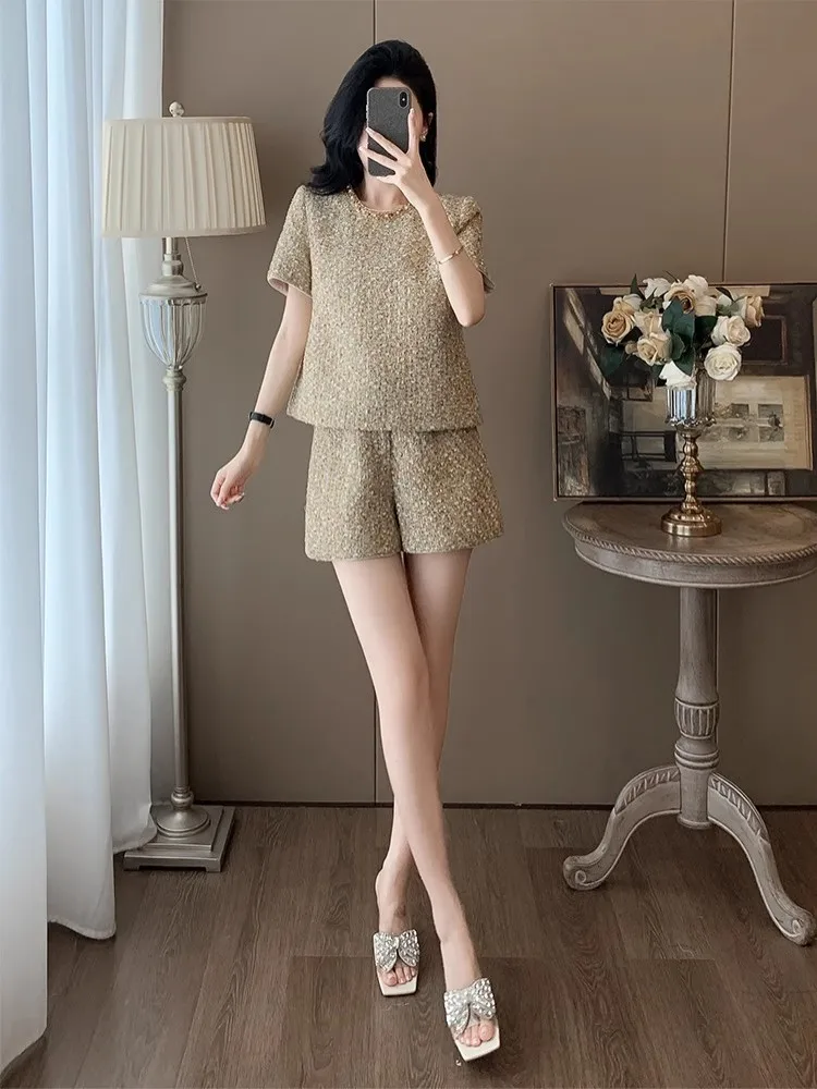 Moda feminina elegante manga curta tweed camiseta shorts de cintura alta conjunto de duas peças novo verão casual escritório senhora conjuntos de correspondência