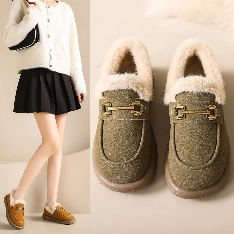 

Women's cotton shoes winter new popular fashion non-slip retro low heel piled thickened warm loafers